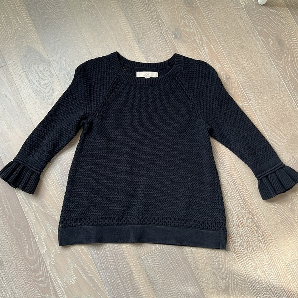 LOFT Black Knit Sweater with Ruffle Sleeves